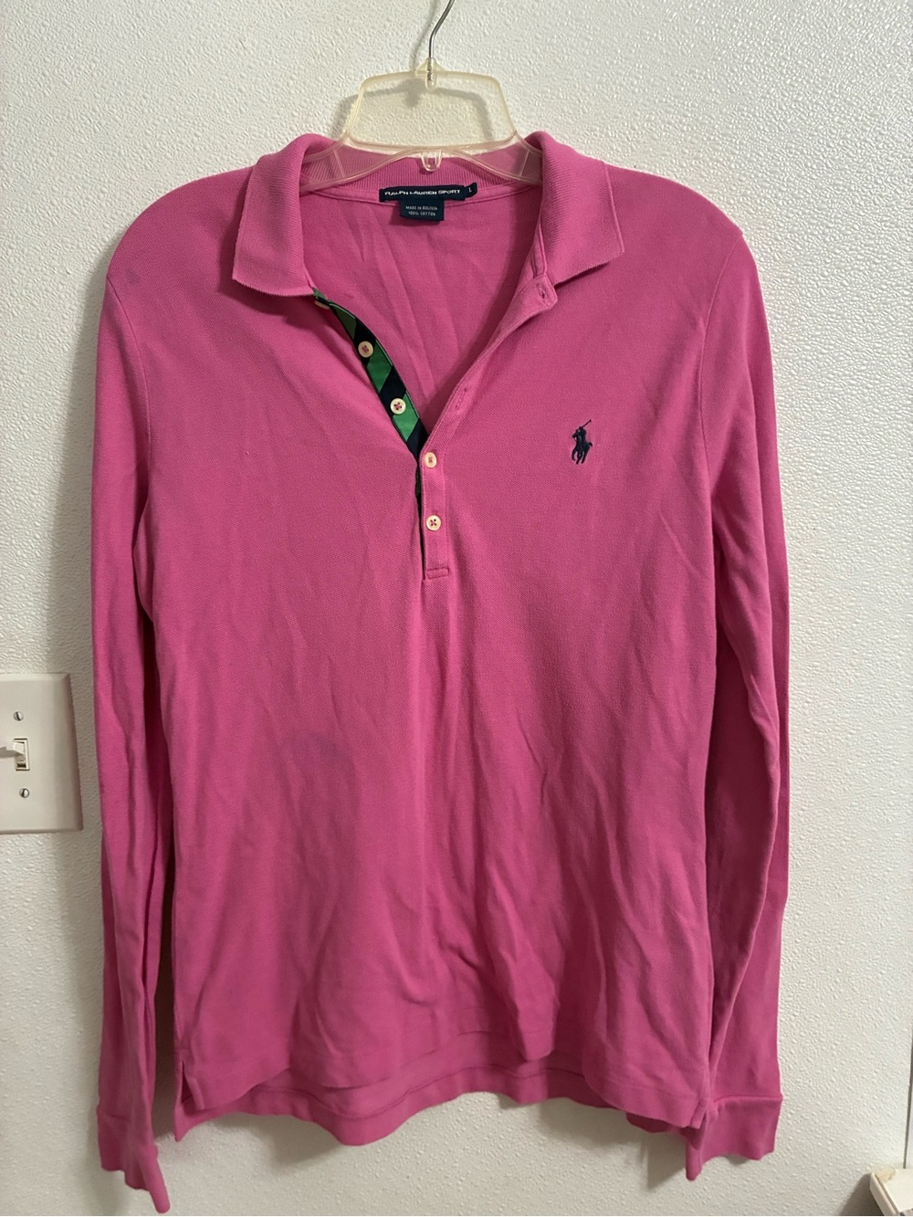 Ralph Lauren Sport Long Sleeve Polo in Bright Pink with Navy Pony L